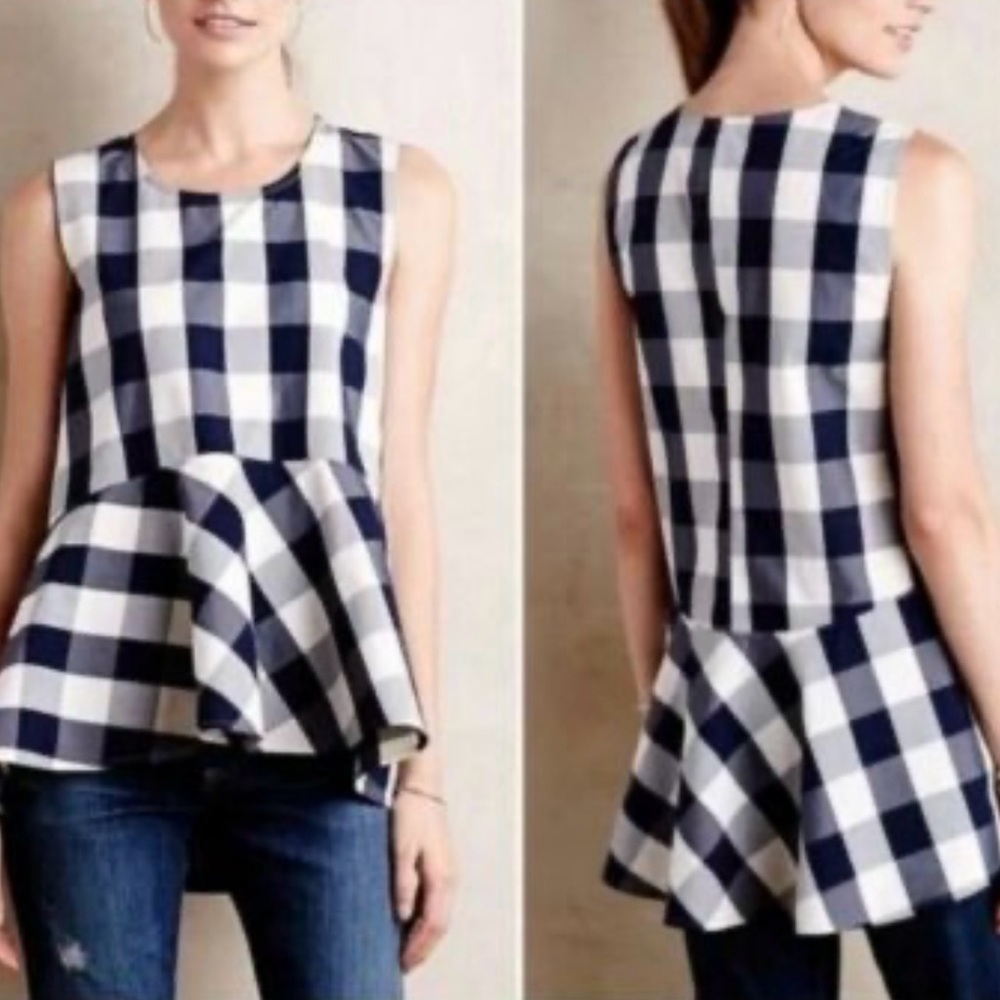 Anthropologie HD in Paris Blue and White Peplum Blouse Size 2
